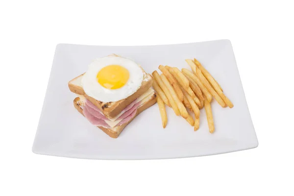 Panino Con Prosciutto Formaggio Patatine Fritte Isolata Uno Sfondo Bianco — Foto Stock