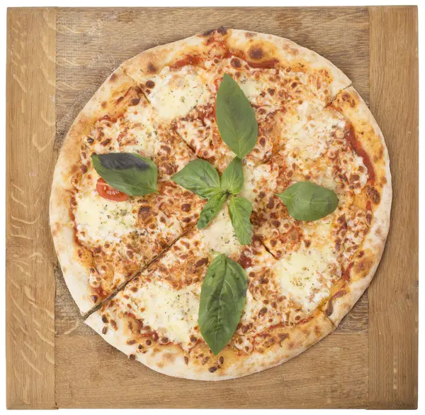 Pizza Margherita Está Decorada Con Ramitas Basílicas Está Aislado Fondo —  Fotos de Stock