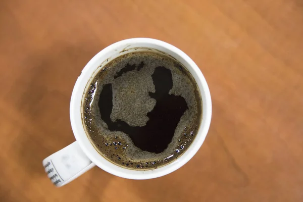 Üstten Görünüm Bir Fincan Kahve Için Bir Ahşap Yüzey Üzerinde — Stok fotoğraf