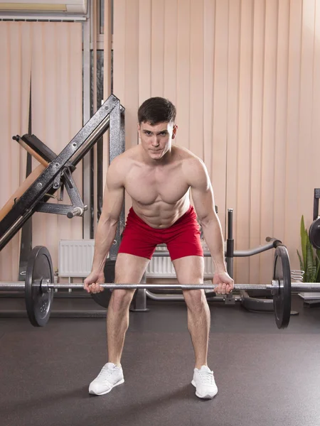 Young Man Flexing Muscles Barbell Gym Close — Stock Photo, Image