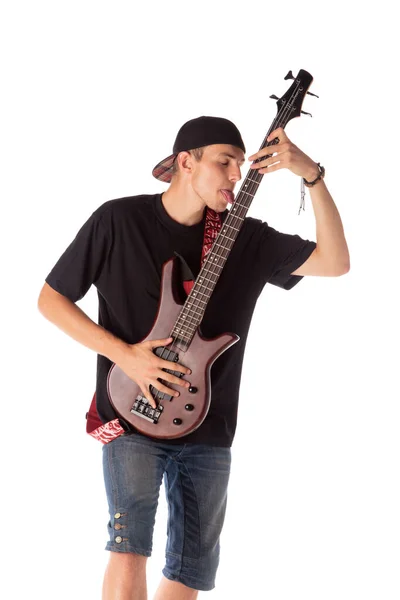 Ροκ Μουσικός Παίζει Ηλεκτρική Κιθάρα Απομονωμένο Λευκό Φόντο Κοντινό Πλάνο — Φωτογραφία Αρχείου
