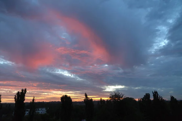Красивые Раскрашенные Облака Небе Восхода Солнца Силуэты Деревьев Фоне Разноцветного — стоковое фото