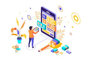 Tasarımcı için karakter ve metin içeren UI tasarım konsepti. Aygıt içeriği bilgisini yerleştir. Yazılım grubu, telefon seo programlama seti. UX, dijital kahraman yaratıcı düz izometrik vektör çizimi