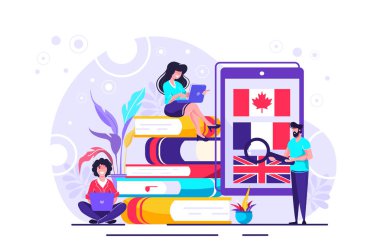 Uzaktan öğrenme vektör yaratıcı illüstrasyon, online öğrenme, dil kursları seçimi, sınava hazırlık, evde eğitim