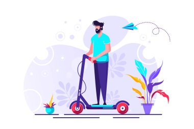 Genç erkek karakter bir elektrikli scooter sürme. Kentsel ulaşım. Modern teknolojiler. Bin yıllık bir yaşam tarzı. Aktif genç yetişkinler. Düz düzenlenebilir vektör çizim, küçük resim