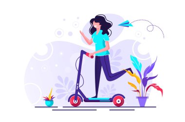 Genç erkek karakter bir elektrikli scooter sürme. Kentsel ulaşım. Modern teknolojiler. Bin yıllık bir yaşam tarzı. Aktif genç yetişkinler. Düz düzenlenebilir vektör çizim, küçük resim