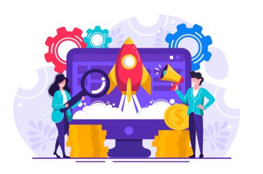 Gelişmekte olan genç bir şirkette yeni bir iş kurma. siteden uzaya roket fırlatma metaforu. düz renkli karikatür tarzında vektör illüstrasyon iş