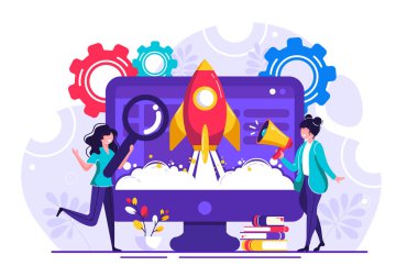 Gelişmekte olan genç bir şirkette yeni bir iş kurma. siteden uzaya roket fırlatma metaforu. düz renkli karikatür tarzında vektör illüstrasyon iş