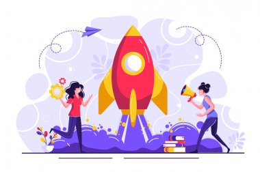 Vektör illüstrasyoncular bir uzay gemisi roketi yapıyorlar. Başlangıçta birleştirici takım çalışması