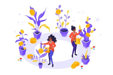 Konsept şirket ortak inşaat ve sunum, sosyal medya, belgeler, kartlar, posterler için para nakit kar ekimi yapmaktadır. Vektör illüstrasyon kariyer büyüme başarıya