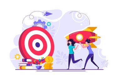 İş kavramı vektör illüstrasyon, roket hedefe ulaşır, hedef, hedef başarı vurmak - vektör