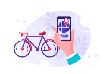 Bisiklet kiralama hizmeti. Park otomat. Aktif yaşam tarzı. Kentsel ulaşım sistemi. Mobil bir online uygulama kullanarak genç siyah kadın karakter. Sağlıklı yaşam tarzı. Bisiklet. Vektör çizimi