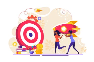 İş kavramı vektör illüstrasyon, roket hedefe ulaşır, hedef, hedef başarı vurmak - vektör