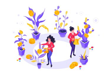 Konsept şirket ortak inşaat ve sunum, sosyal medya, belgeler, kartlar, posterler için para nakit kar ekimi yapmaktadır. Vektör illüstrasyon kariyer büyüme başarıya