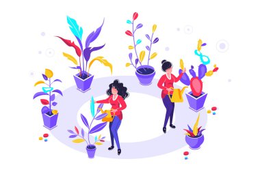 Beyaz arka planda sulama olabilir ve çiçekler vektör illüstrasyon, bahçıvanlar bahçe bakımı, büyüyen ve doğada bitkiler, temiz ekoloji, bahçe araçları eğitim