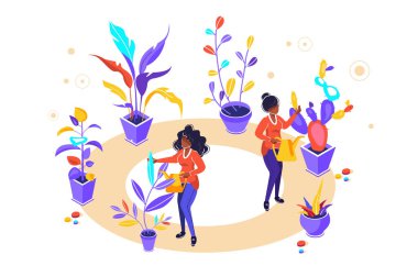 Beyaz arka planda sulama olabilir ve çiçekler vektör illüstrasyon, bahçıvanlar bahçe bakımı, büyüyen ve doğada bitkiler, temiz ekoloji, bahçe araçları eğitim