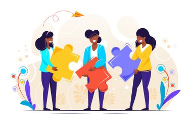 İş konsepti. Takım metaforu. Yapboz elementlerini birbirine bağlayan insanlar. Vektör illüstrasyon düz tasarım tarzı. Takım çalışması, işbirliği, ortaklık sembolü