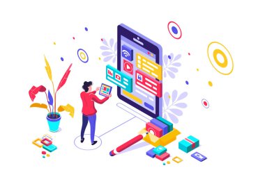 Tasarımcı için karakter ve metin içeren UI tasarım konsepti. Aygıt içeriği bilgisini yerleştir. Yazılım grubu, telefon seo programlama seti. UX, dijital kahraman yaratıcı düz izometrik vektör çizimi