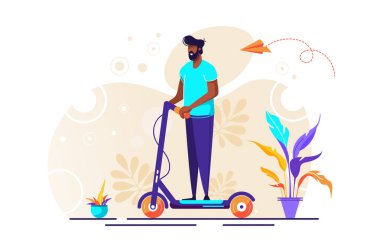 Genç erkek karakter bir elektrikli scooter sürme. Kentsel ulaşım. Modern teknolojiler. Bin yıllık bir yaşam tarzı. Aktif genç yetişkinler. Düz düzenlenebilir vektör çizim, küçük resim