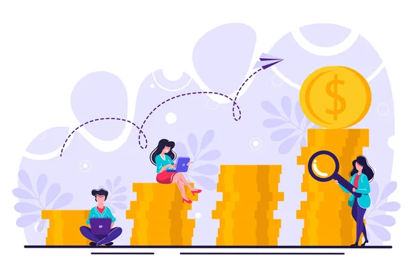 Vektör illüstrasyon, yatırım yönetimi, şirket ortak inşaata ve nakit kazancın geliştirilmesine, başarıya giden kariyer büyümesine, düz renk simgelerine, iş analizine dahil olmuştur.