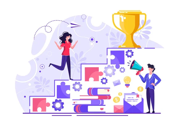 Vektör illüstrasyon, düz stil, işadamı hedefe merdivenlerden yukarı çalışan, kariyer planlama, kariyer geliştirme kavramı, takım çalışması