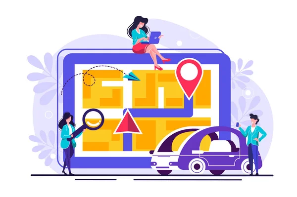 Vektor illusztráció lapos, fehér háttér, keresési index a navigáció, online Térkép a tablettát, útvonalterveket, GPS a Várostérkép, mobil alkalmazás, online autóbérlés — Stock Vector