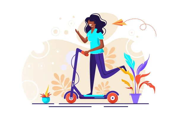 Young male character riding an electric scooter. Urban transportation. Modern technologies. Millennial lifestyle. Active young adults. Flat editable vector illustration, clip art — Stock Vector
