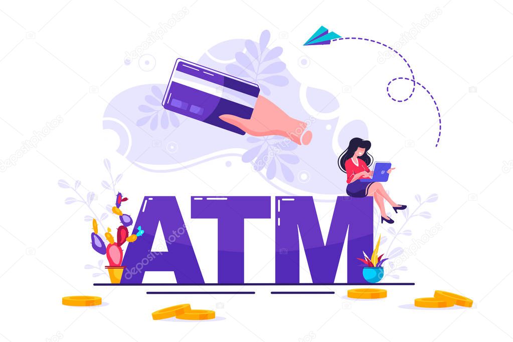 Concept employee of a bank with client ATM for web page, banner, presentation, social media, documents, cards, posters. money, management of investment in cards Vector illustration money, management