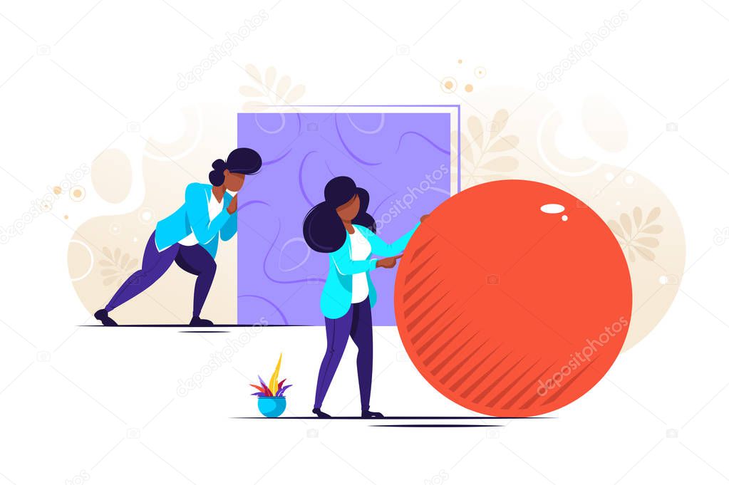 Businessman pushing sphere and leading the race against group other not so lucky guy pushing boxes. Concept of innovation in business, winning strategy, efficiency