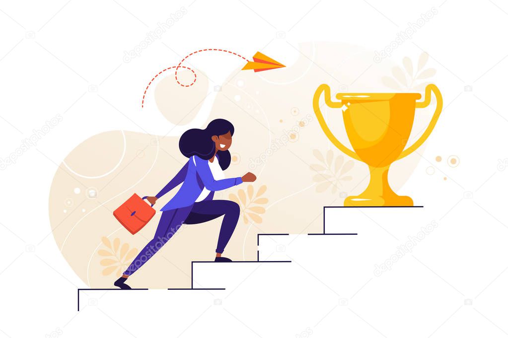 Vector illustration, person run to their goal on the stairs, move up motivation, the path to the target's achievement