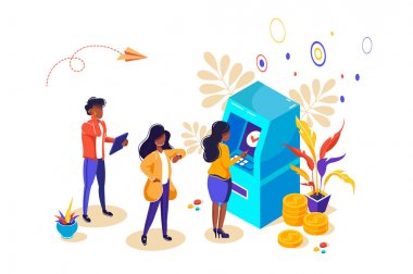 Web sayfası, afiş, sunum, sosyal medya için Konsept Atm. Vektör illüstrasyon, para, kartlaryatırım yönetimi, müşteri Atm makine yakınında ayakta