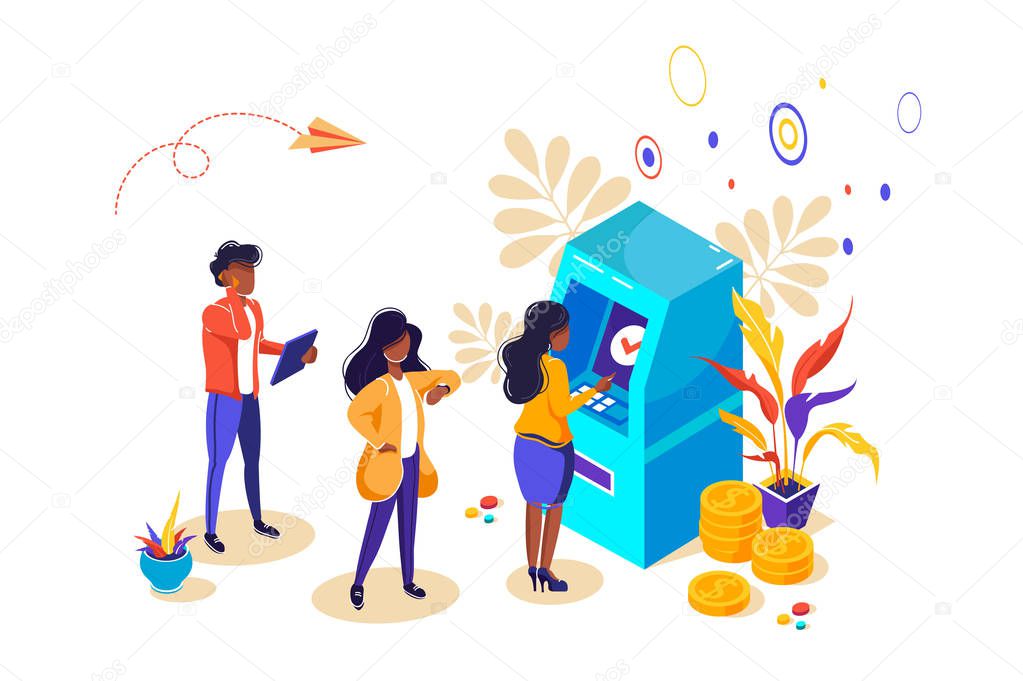 Concept ATM for web page, banner, presentation, social media. Vector illustration, money, management of investment in cards, customer standing near ATM machine