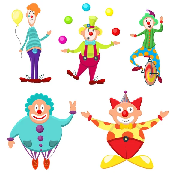 Simpatico, divertente, multicolore insieme di clown con emozioni diverse. Spessa, magra, divertente, divertente, gioiosa su una moto, con le palle in cappello, pagliacci. Circo, vacanza, buon umore, divertimento. Immagine piatta vettoriale moderna — Vettoriale Stock