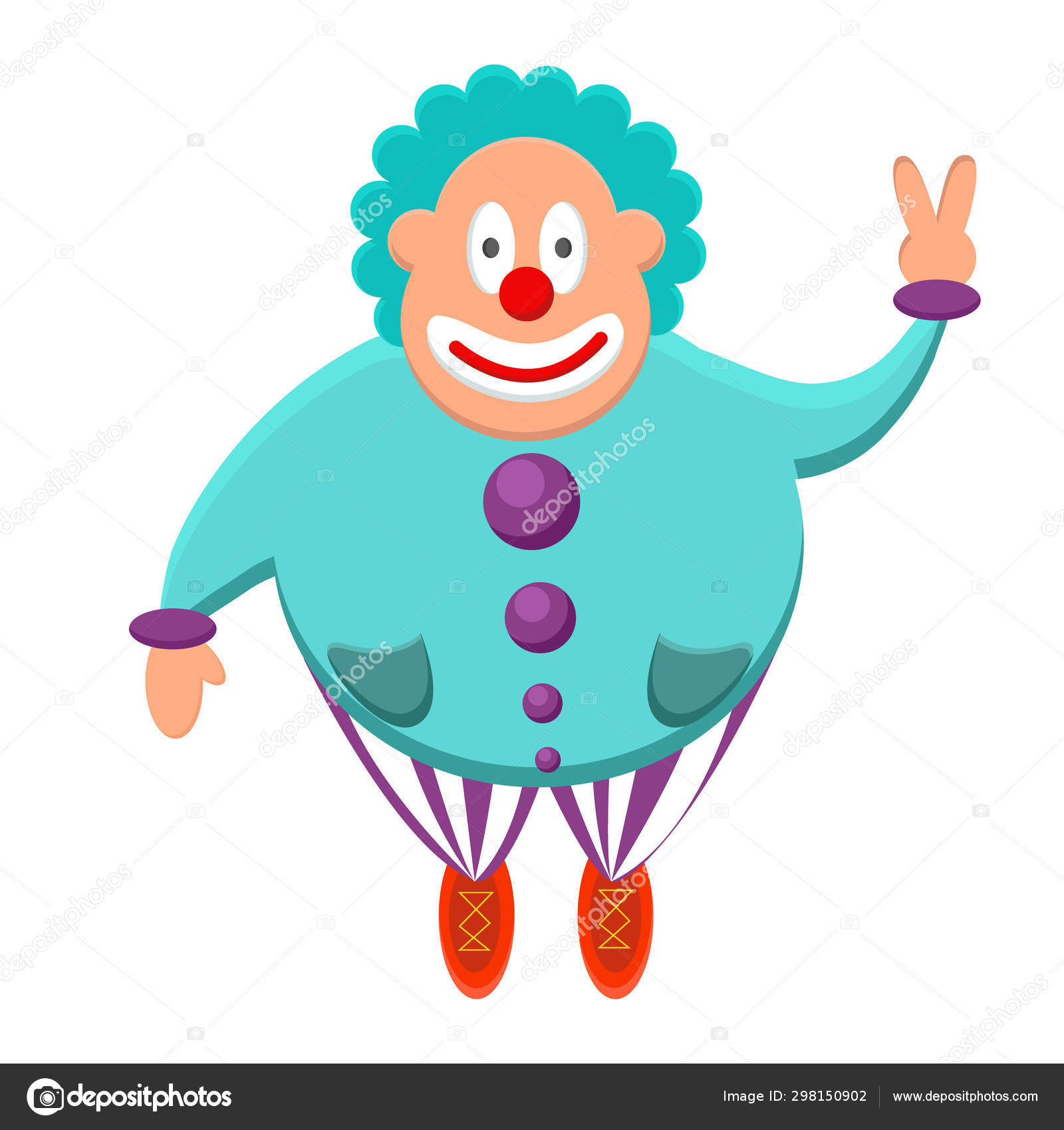 Cute, funny, fat clown with blue curly hair smiles and shows two fingers- peace. Fun, birthday Cute, funny, fat clown with blue curly hair smiles and shows two fingers- peace. Fun, birthday