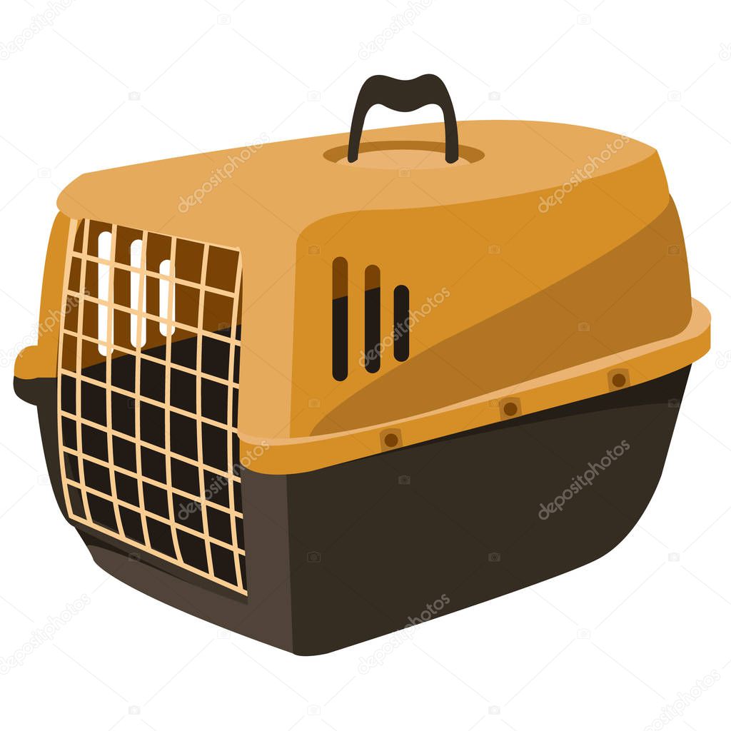Stylish beautiful pet shop basket, cage, pet box, cats, dogs, raccoons, chinchillas. Plasma cage with a rack for animals. Modern vector flat design image isolated on the white background.