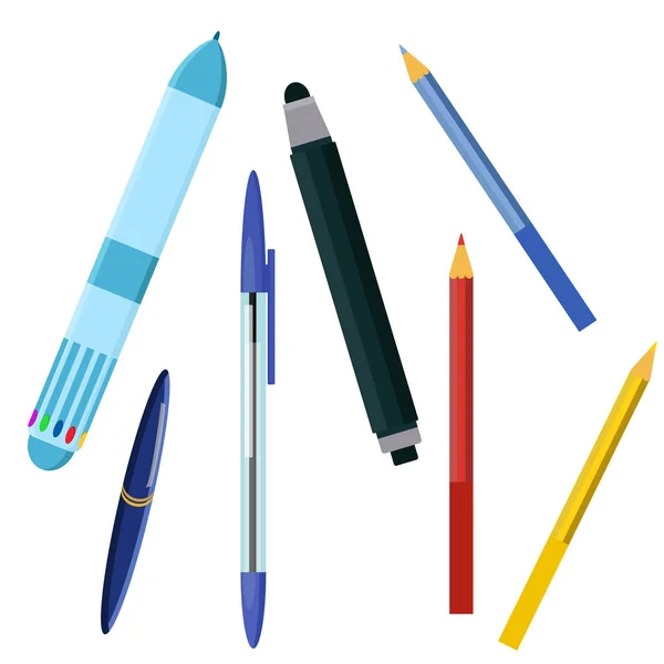 Ensemble scolaire de stylos, crayons, marqueurs — Image vectorielle