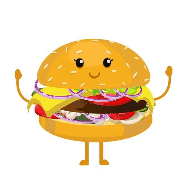 Sevimli gülümseme burger el sallayarak — Stok Vektör