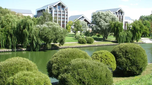 Güzel süs çalılar ve su kanalının kıyısında ağlayan söğütler. Şık mimari yapılar. Minsk.