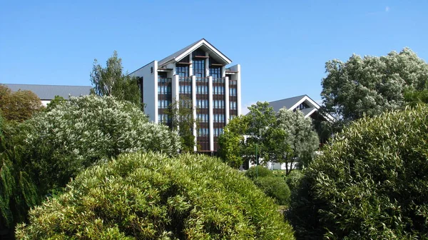 Güzel süs çalılar ve su kanalının kıyısında ağlayan söğütler. Şık mimari yapılar. Minsk.