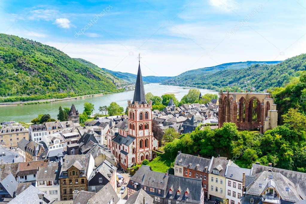 Bacharach am Rhein. Small town on the Upper Middle Rhine River (Mittelrhein). Beautiful aerial panoramic Postcard view. Rhineland-Palatinate (Rheinland-Pfalz), Germany.  UNESCO