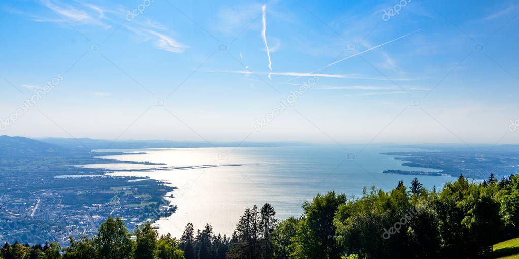 Panorama view on Bodensee from Pfander (Pfaender). Bregenz, Austria