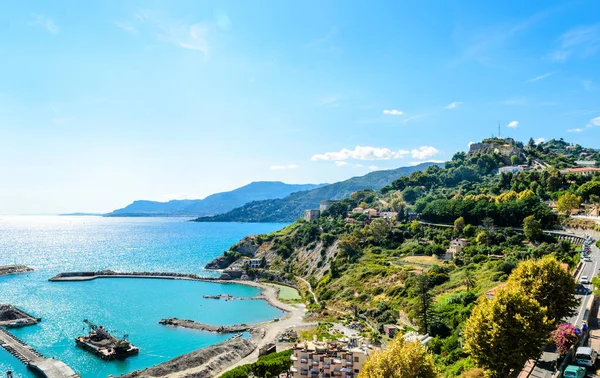 Ventimiglia, Italy. View on the mountains, sea and beach. Border — Stock Photo, Image