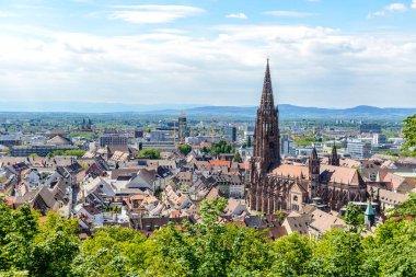 Freiburger Munster Katedrali kilisesinin havadan görünümü. Freiburg im 
