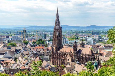 Freiburger Munster Katedrali kilisesinin havadan görünümü. Freiburg im 