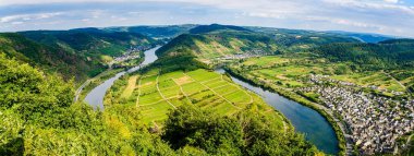 Romantik Moselle, Mosel nehrindeki Calmont 'tan Bremm döngüsü. Panorama manzaralı. Rhineland-Palatinate, Almanya