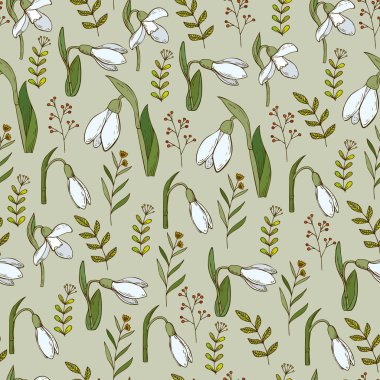 Kar damlaları ve bitkilerle kusursuz desen. Davetiye, düğün ya da kartpostal için el çizimi çiçekler. Eps 10 vektör illüstrasyonu.