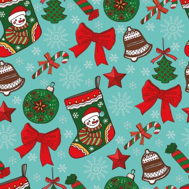 Kusursuz bir Noel deseni. El çizimi vektör çizimi. Noel süsleri. Tatil dekorasyonu.