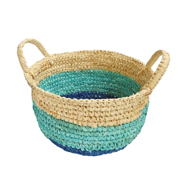 Woven raffia basket isolated on white background. Details of boho style eco design interior — Stock Photo, Image