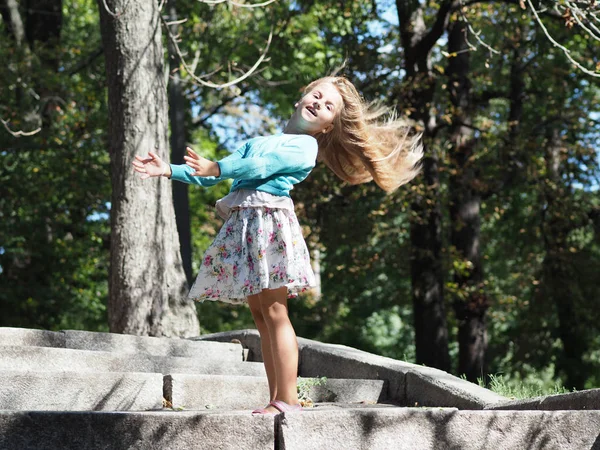 Happy Cheerful Girl Vacation Park Years Long Blond Hair Develops Stock Image