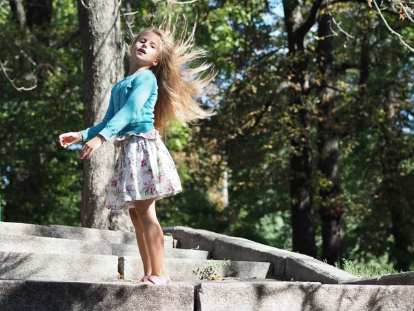 Happy Cheerful Girl Vacation Park Years Long Blond Hair Develops Stock Photo